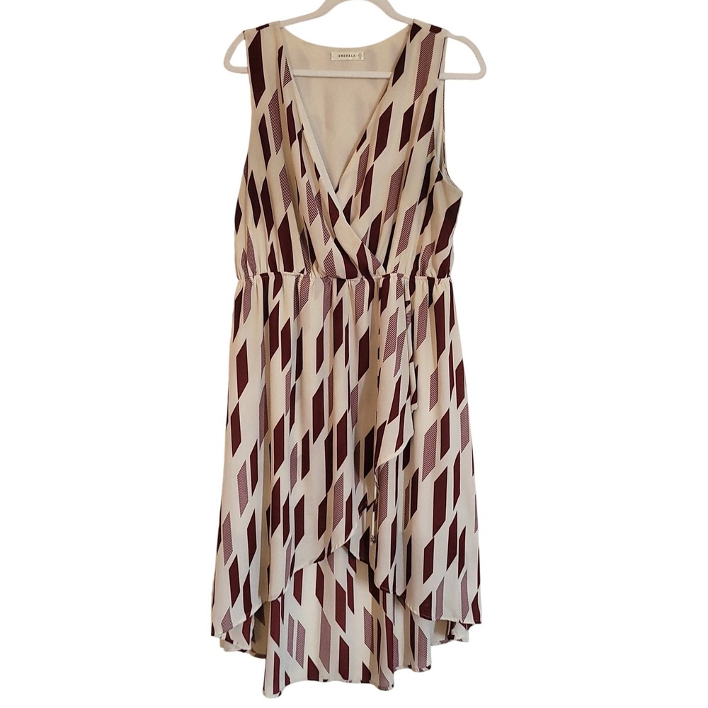 Emerald 2X High Low Dress Burgundy Cream Geometric Diamond‎ Print Sleeveless Sun